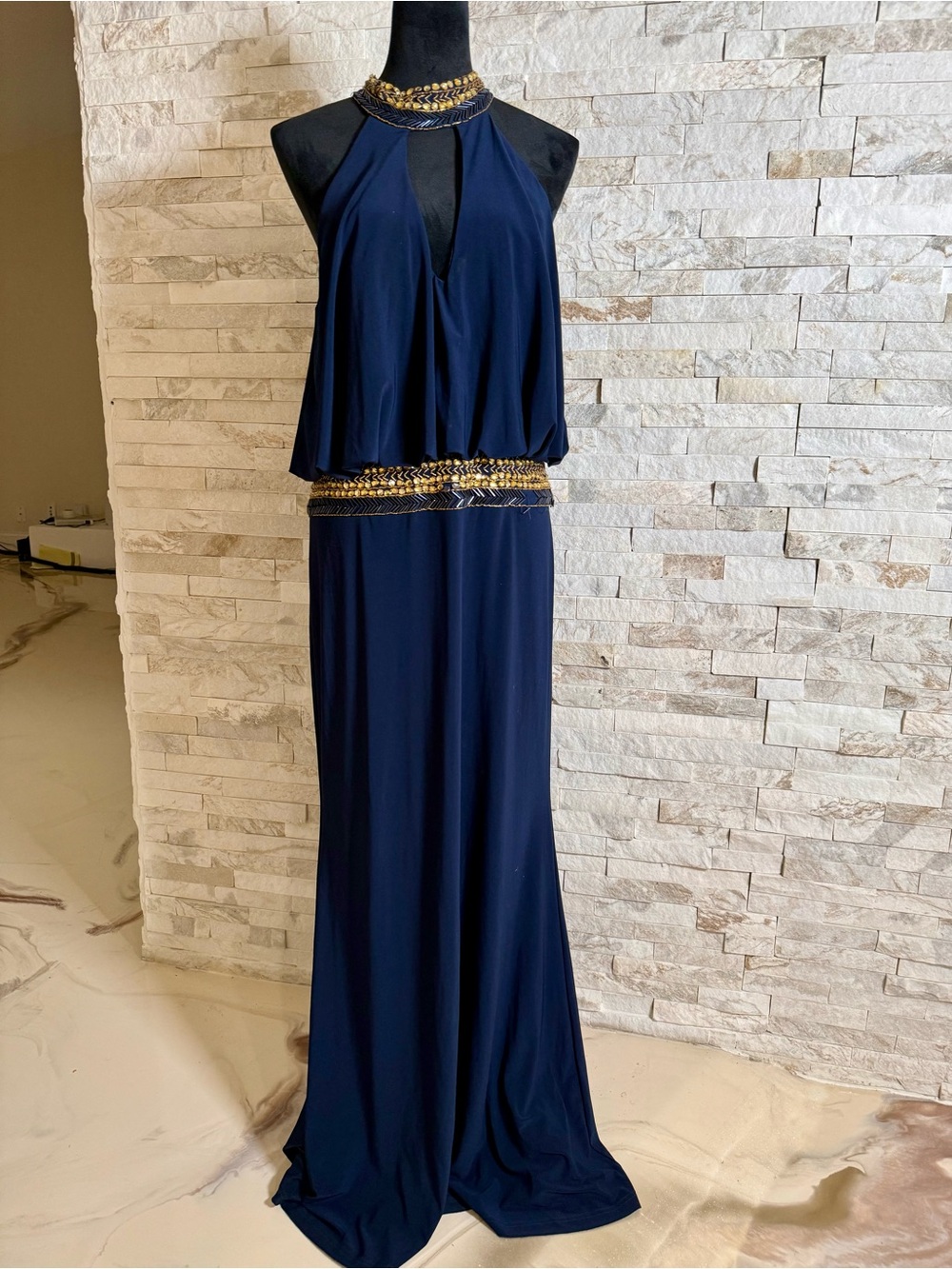 Camille La Vie Navy Halter Maxi Gown with Gold Embellishment